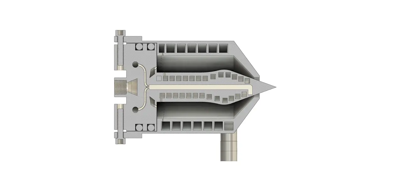 Gray CAD section view of the aerospike engine showing square spiral cooling channels in the spike and outer case around a central cavity