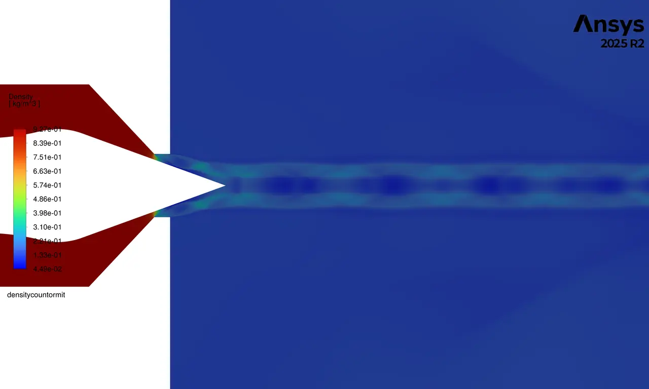 Density contour of the aerospike plume showing a thin chain of low density cells trailing behind the spike tip on a dark blue field