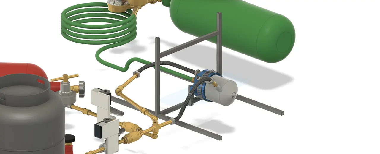 Rendered aluminum extrusion frame holding a blue clamped engine, braided hoses, brass plumbing, solenoid valves and a green oxygen cylinder