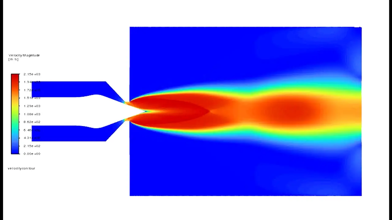 Velocity magnitude contour map of the aerospike exhaust at altitude, a wide red core spreading into a broad orange and yellow plume