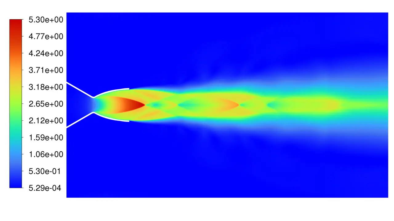 Rainbow Mach number contour of a converging-diverging nozzle exhaust with a red core and repeating diamond shock cells fading into a long plume