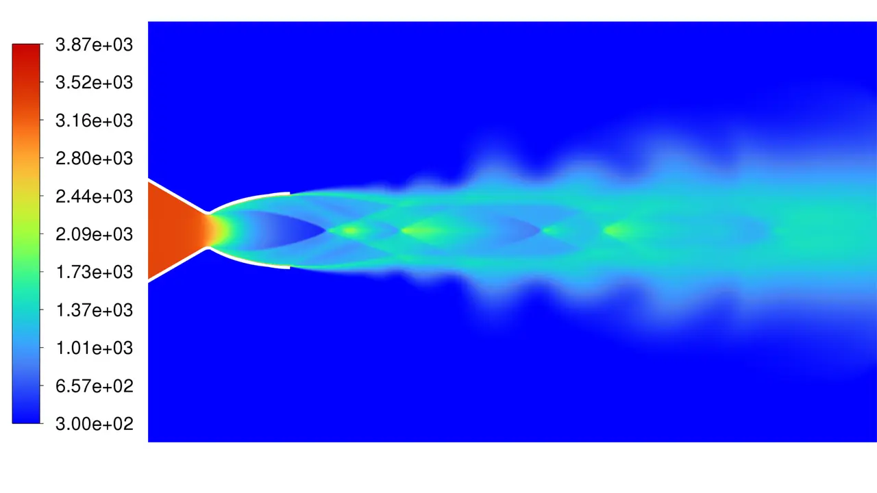 Rainbow static temperature contour of a nozzle exhaust, hot orange gas in the chamber cooling to blue and green with diamond shock cells in the plume